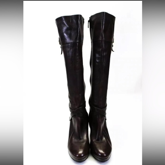 Cole Haan brown leather tall buckle round toe boots - Picture 2 of 5